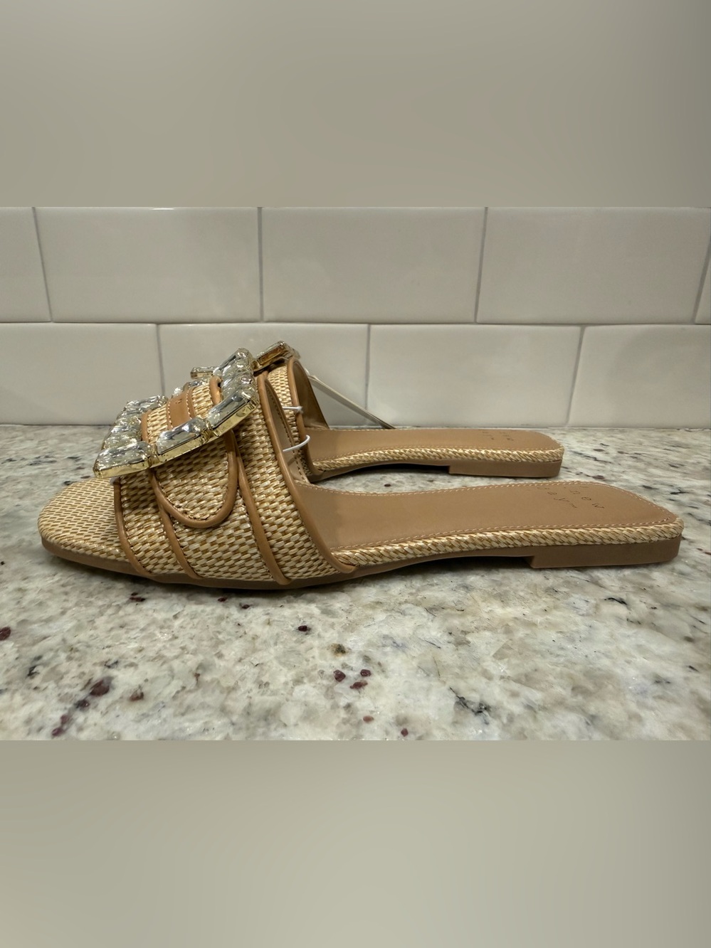 a new day Kelsey Tan Straw Look Slide Sandals with Crystal Buckles Size 7 - NIB - Picture 5 of 13